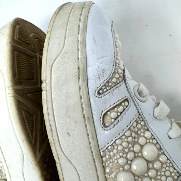 Jimmy Choo Hawaii Leather Pearl Sneakers Shoes 37.5 7.5 White Embellished - Picture 11 of 12